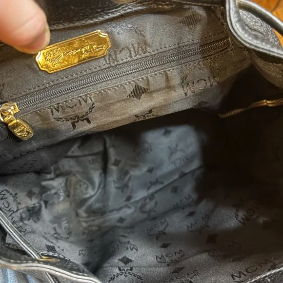 MCM Black Leather Backpack with Gold Accents and draw strings 12"x11" - Picture 7 of 16